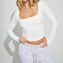 Hafailia Backless Long Sleeve Tops for Women - Casual Y2K Crop Shirts Square Neck Slim Fit Cut Out Workout Tees 2024  (White, XS)