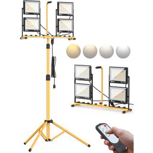 32000 Lumen LED Work Light with Stand & Remote, 4-Head 280W Portable Tripod Light with 16.5FT Cord, 3000K–6000K Adjustable, Waterproof Light for Indoor & Outdoor Job Site Workshop Construction