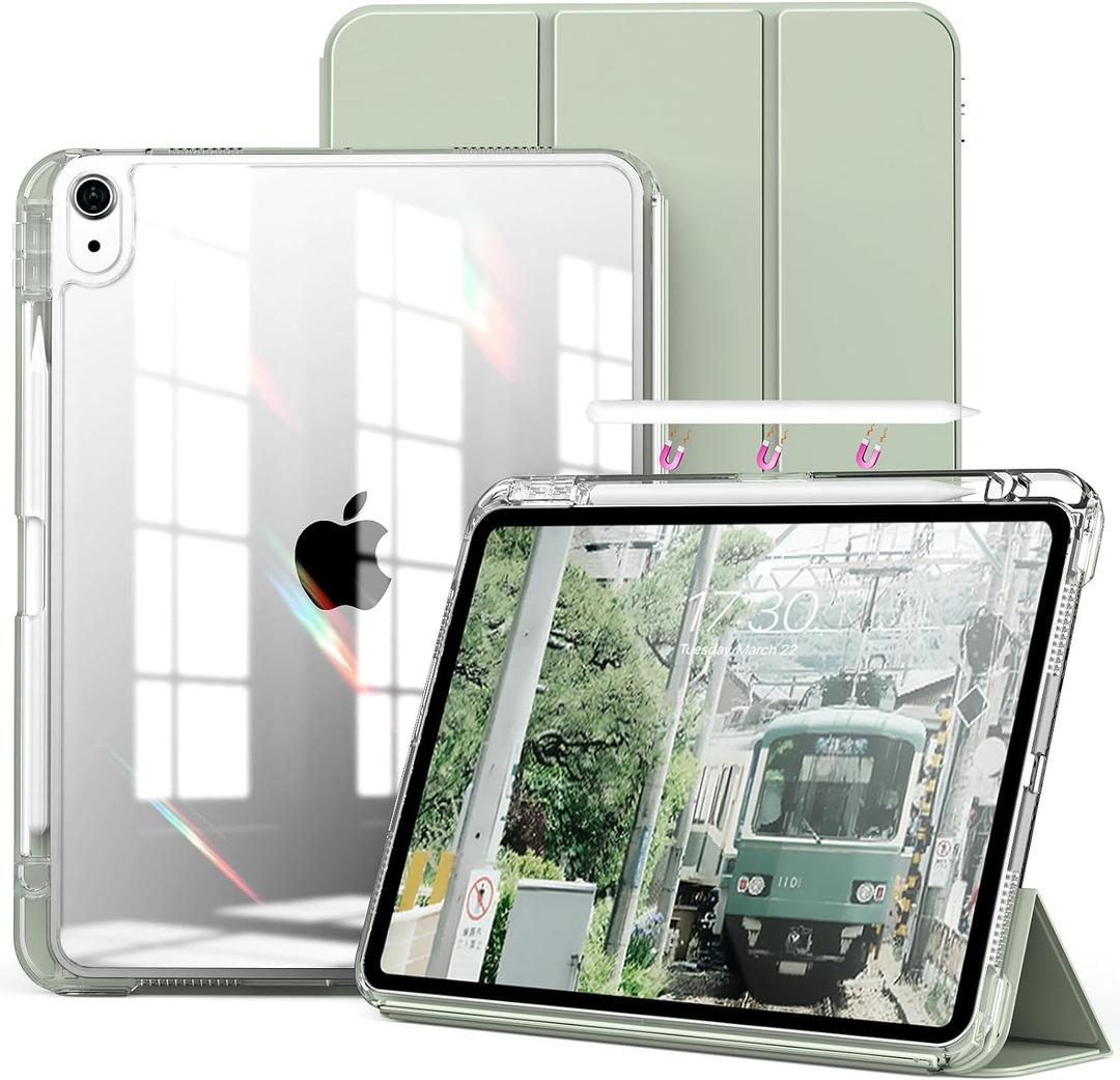 kenke Hybrid Case for iPad Air 11 Inch (M3) 2025 / (M2) 2024, iPad Air 5th/4th Gen 2022/2020 10.9 Inch with Pencil Holder, Detachable Cover with Clear Hard Back Shell, Auto Sleep/Wake, Light Green (Light Green)