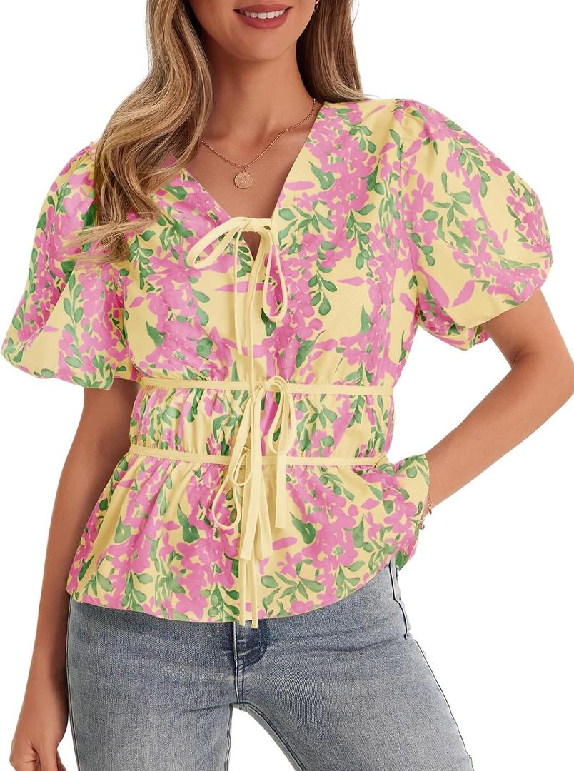 Cicy Bell Summer Babydoll Peplum Tops V Neck Puff Sleeve Bow Floral Shirts (Pink, M)