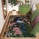 Bedroom Rug 3x5 Rug Washable Area Rug Low Pile Floral Peacock Animal Small Carpet for Bedroom, Bedside, Kitchen, Entryway, Kids Room, Office, College Dorm(Black)