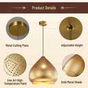 Farmhouse Vintage Pendant Light Fixture Metal Iron Moroccan Chandelier Hanging Lamp Kitchen Island Retro Ceiling Pendant lamp Loft Hollow Design Adjustable Cord Pnedant Lighting (Gold), Medium