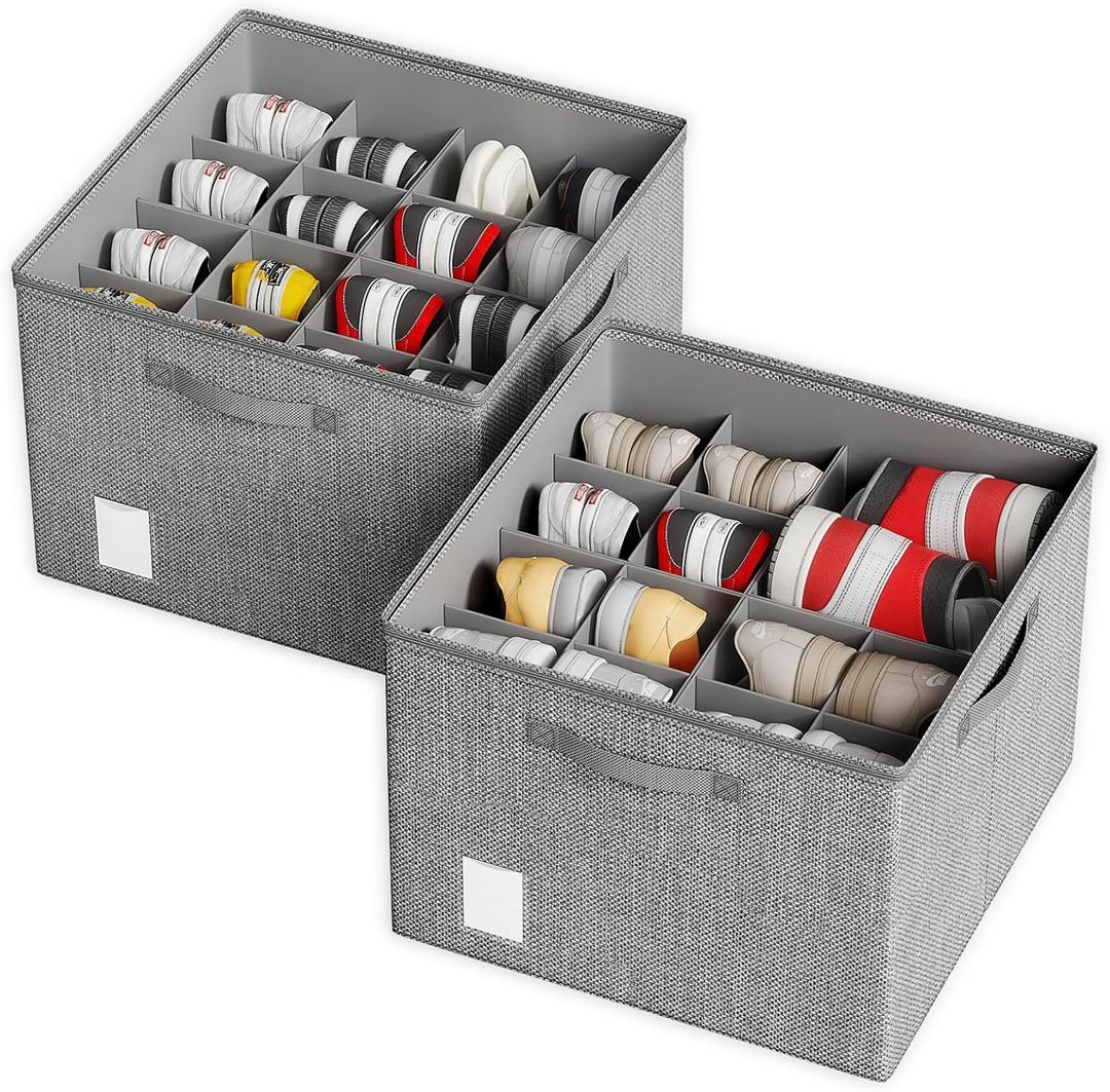 DIMJ Shoe Organizer for Closet - Adjustable Shoe Storage Organizer W/Clear Cover, Linen-like Shoe Storage Box Bins Cube, Foldable Shoes Holder w/Reinforced Handles Beige 2 Pack Fit up to 32 Pairs