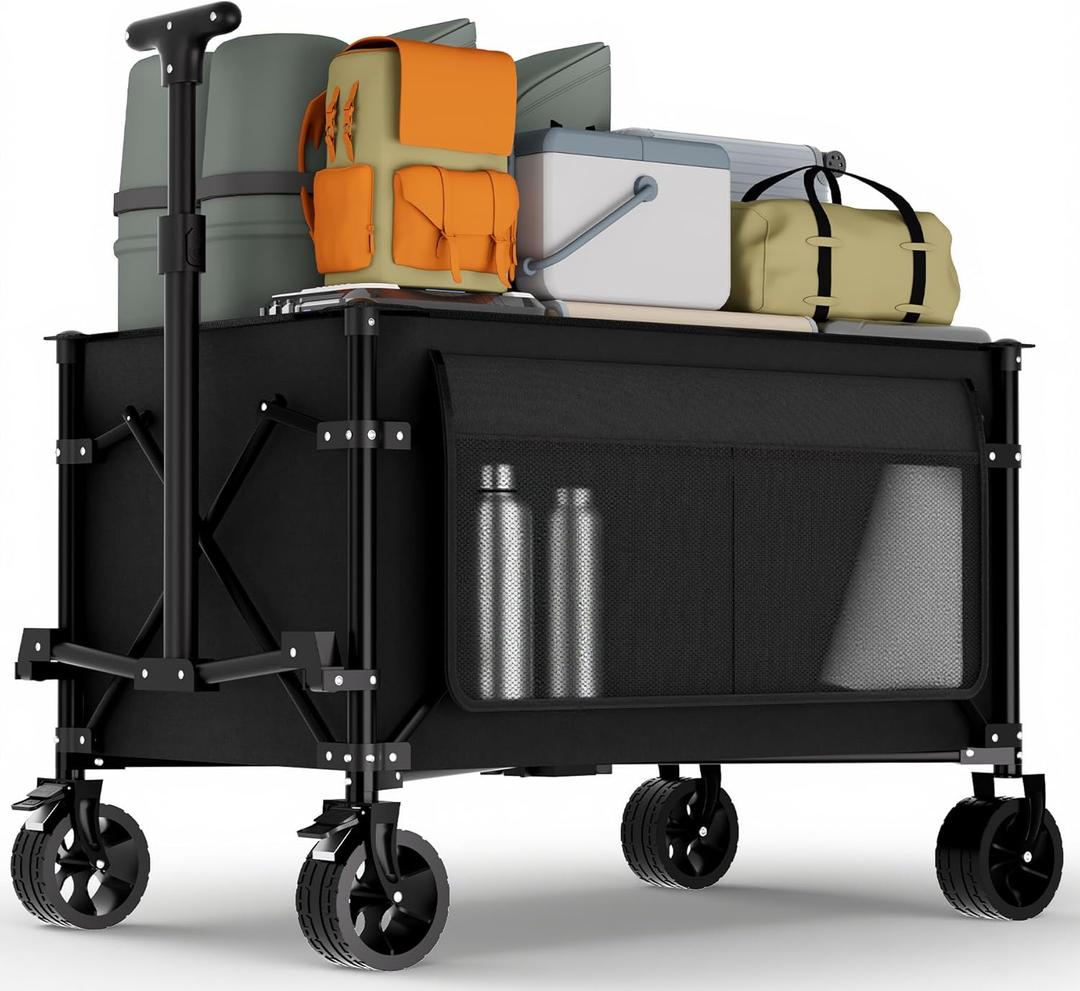 Favoyard Collapsible Wagon Carts Foldable 150L & 360LBS Portable Folding Wagons with All-Terrain Wheels & Brakes Heavy Duty Outdoor Utility Cart for Beach/Grocery/Camping/Shopping/Sports/Garden, Black