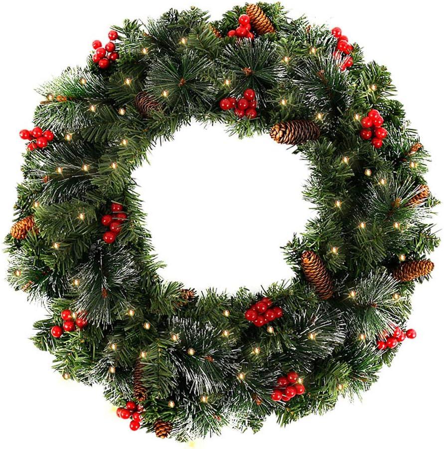 Pre-Lit Decorated Garland with Lights Christmas Garlands Decorations for Stairs Fireplaces Artificial Wreath Garland with Cones, Red Berries and Illuminated with 50 Clear Lights Diameter 60CM