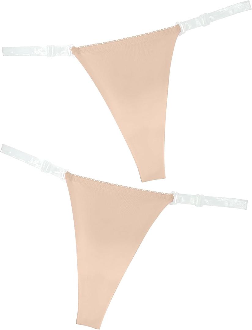 SEAUR Adjustable Clear Strap Underwear for Women Seamless Ice Silk Thong Panties Breathable Invisible No Show Briefs (Small, 2 Pack Nude)