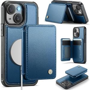 Compatible with Magsafe for iPhone 15 Plus Wallet Case Magnetic Card Holder, RFID Blocking 2 in 1 Detachable Kickstand Shockproof Case for Women Men, Blue