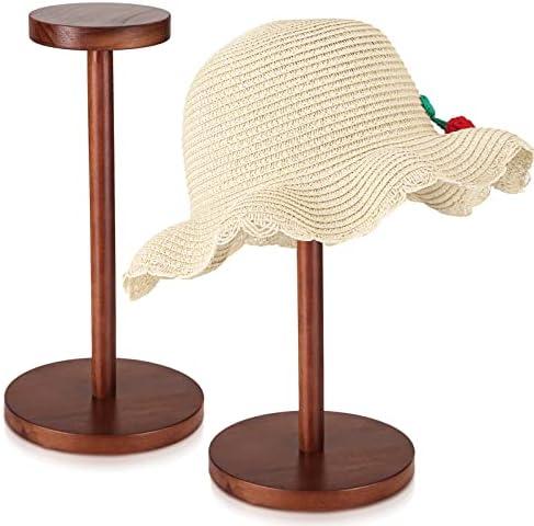 Chunful 2 Pieces Hat Display Stand Rustic Wood Hat Rack Holder Stand Vintage Wig Holder Jewelry Display Riser Helmet Organizer Storage for Home(Brown)