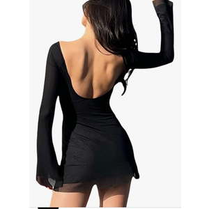Women Sexy Hollow Out Mini Dress Bodycon Sheer Mesh Long Sleeve Off Shoulder Patchwork Wrap Dress Casual Party Clubwear Black L