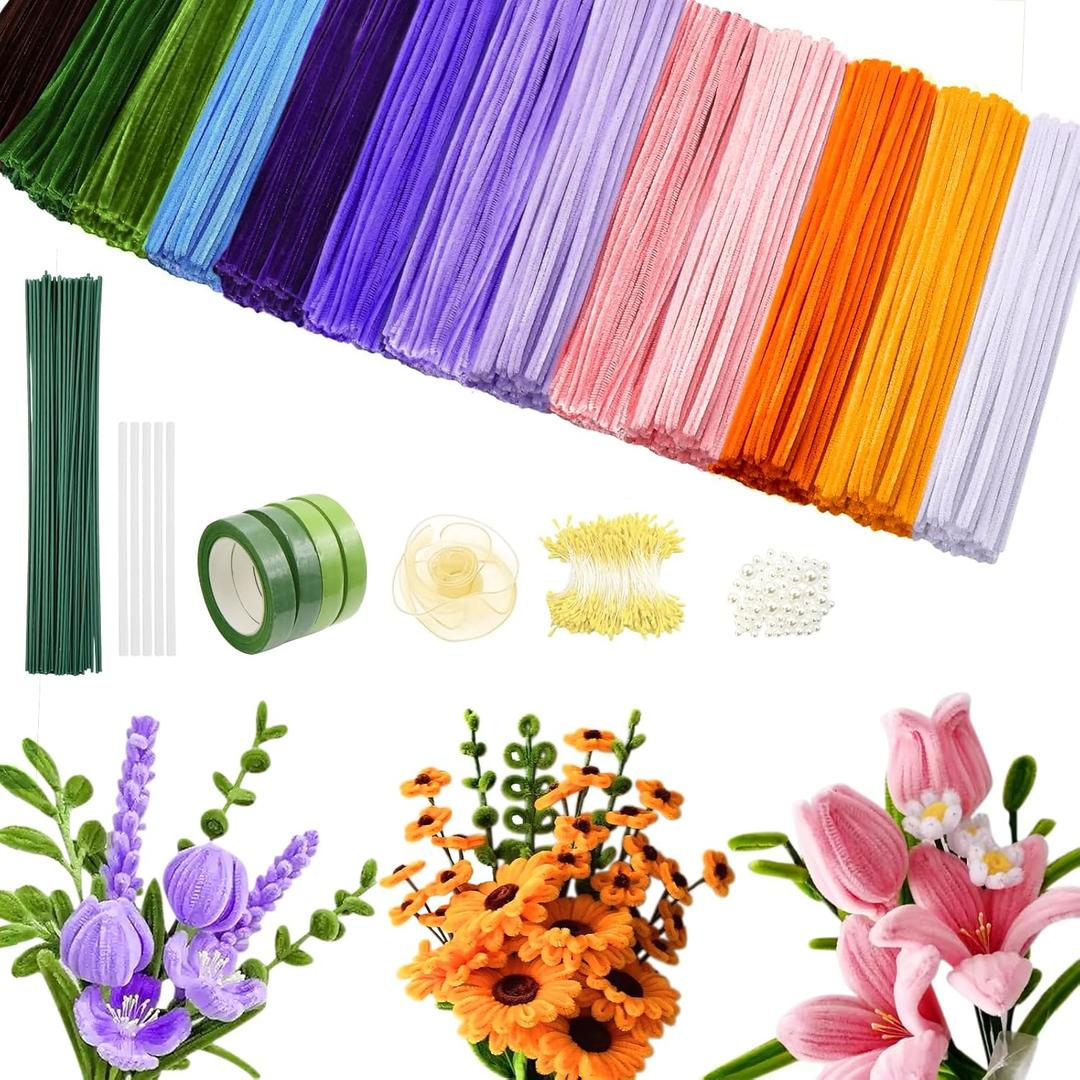 800 PCS Pipe Cleaners Craft, Pipe Cleaners Flowers Kit with Handle, 13 Colors Chenille Stems with Instruction, Art and Craft Supplies