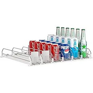 Soda Can Dispenser for Refrigerator,Self-Pushing Drink Organizer for Fridge, Width Adjustable Fridge Organization, Beer Pop Can Water Bottle Drink Dispenser for Fridge (15.1"D) White (White, 6 Row)