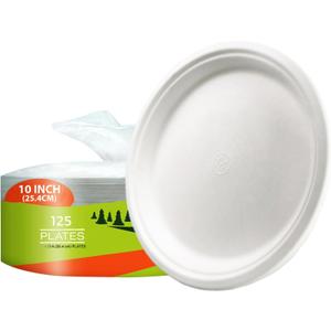 Paper Plates, 100% Compostable-[10 Inch by 0.5" deep]-Heavy Duty Disposable Plate - [125-Pack] - (BPI Certified) - (PFAS-Free) - Eco-Friendly, Biodegradable Bagasse 10" Dinner Plates by MOBI Ecoware