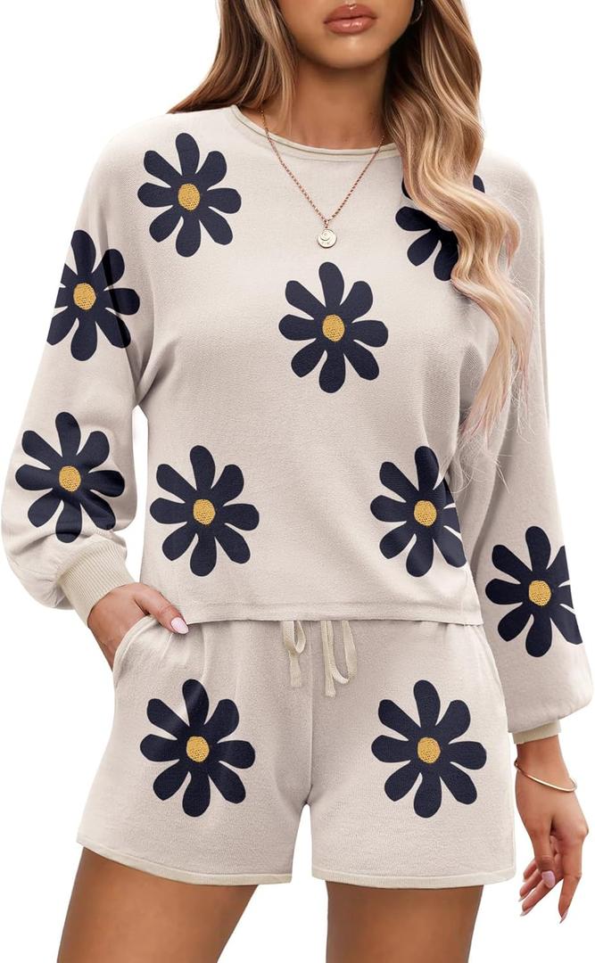Ekouaer Knit Pajamas Set for Women Lounge Wear Sets Long Sleeve Sweatsuit Matching 2 Piece Outfits Casual Sweater Sets (Medium, A-white Flower)
