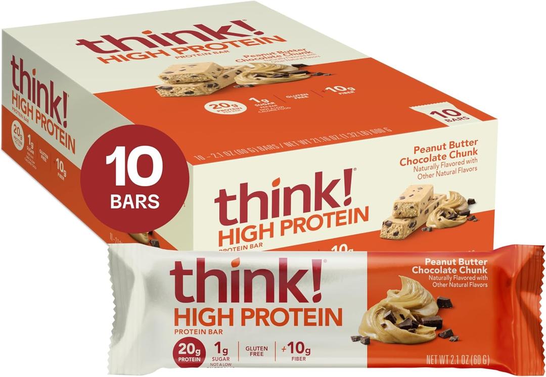 think! Protein Bars, High Protein Snacks, Gluten Free, High Fiber, Peanut Butter Chocolate Chunk, 10 Count BBD:01-07-26