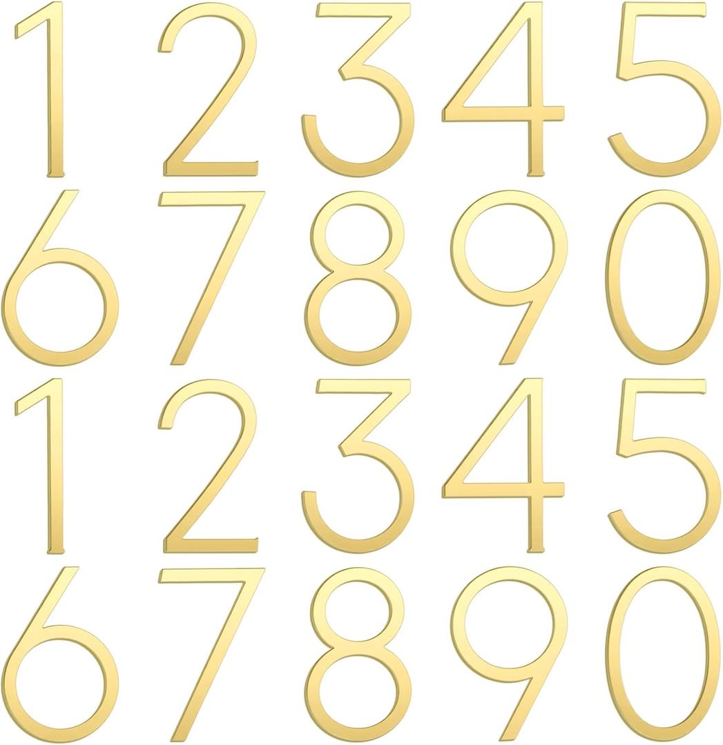  2 Set Gold 6 Inch Classic Acrylic Mailbox Numbers 3D
Weatherproof Outdoor Use, Self-adhesive Sticky Backing, Gold House Number Signs, Easy Install for Mailbox or Door