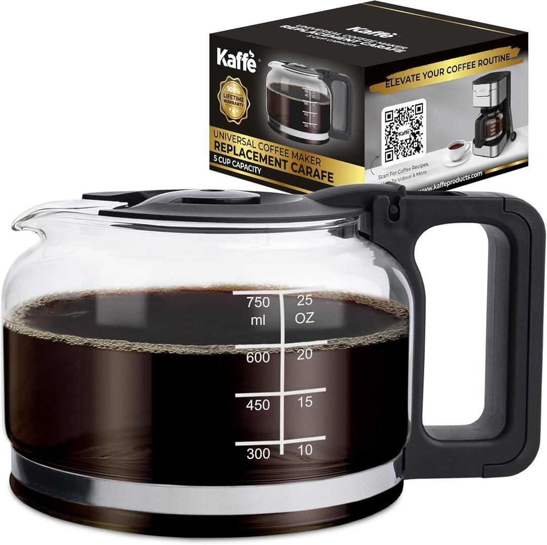 Kaffe Universal Replacement Coffee Carafe  5 Cup Glass Pot for Drip Coffee Makers  Glass, EasyGrip Handle, SneakACup Compatible  Capacity Markings, Dishwasher Safe