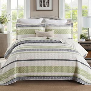 Homzard Quilts Queen Size,Cotton Queen Comforter Set,Green Beige Grey Quilt Bedspread Set,Striped Bedding,Cotton Lightweight Bed Comforter All Season 3 Piece (Queen (90"x98"))