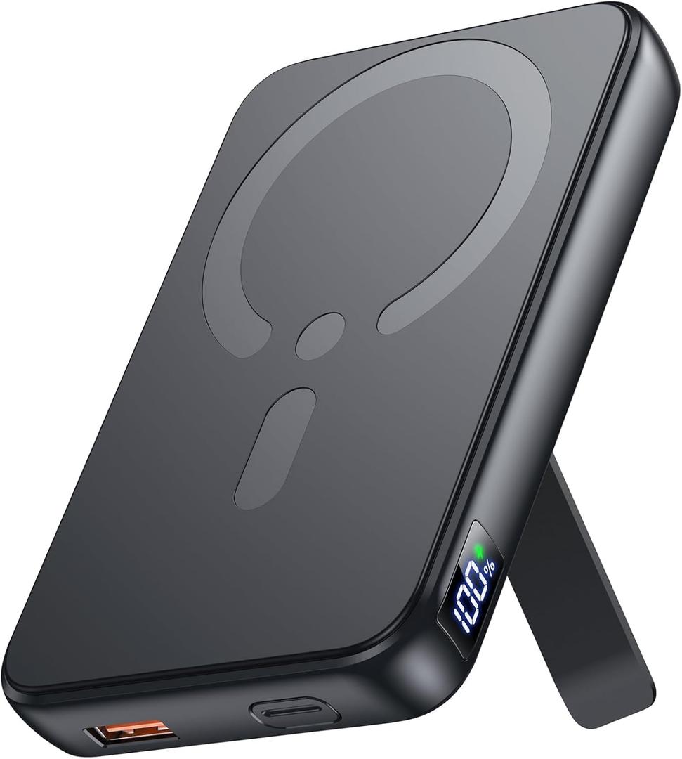 for Magsafe Portable Charger, 12000mAh Wireless Magnetic Power Bank with Stand and USB C in/Out Fast Charging, for Magsafe Battery Pack Compatible with iPhone 15/14/13/12 Pro/Pro Max Series-Black