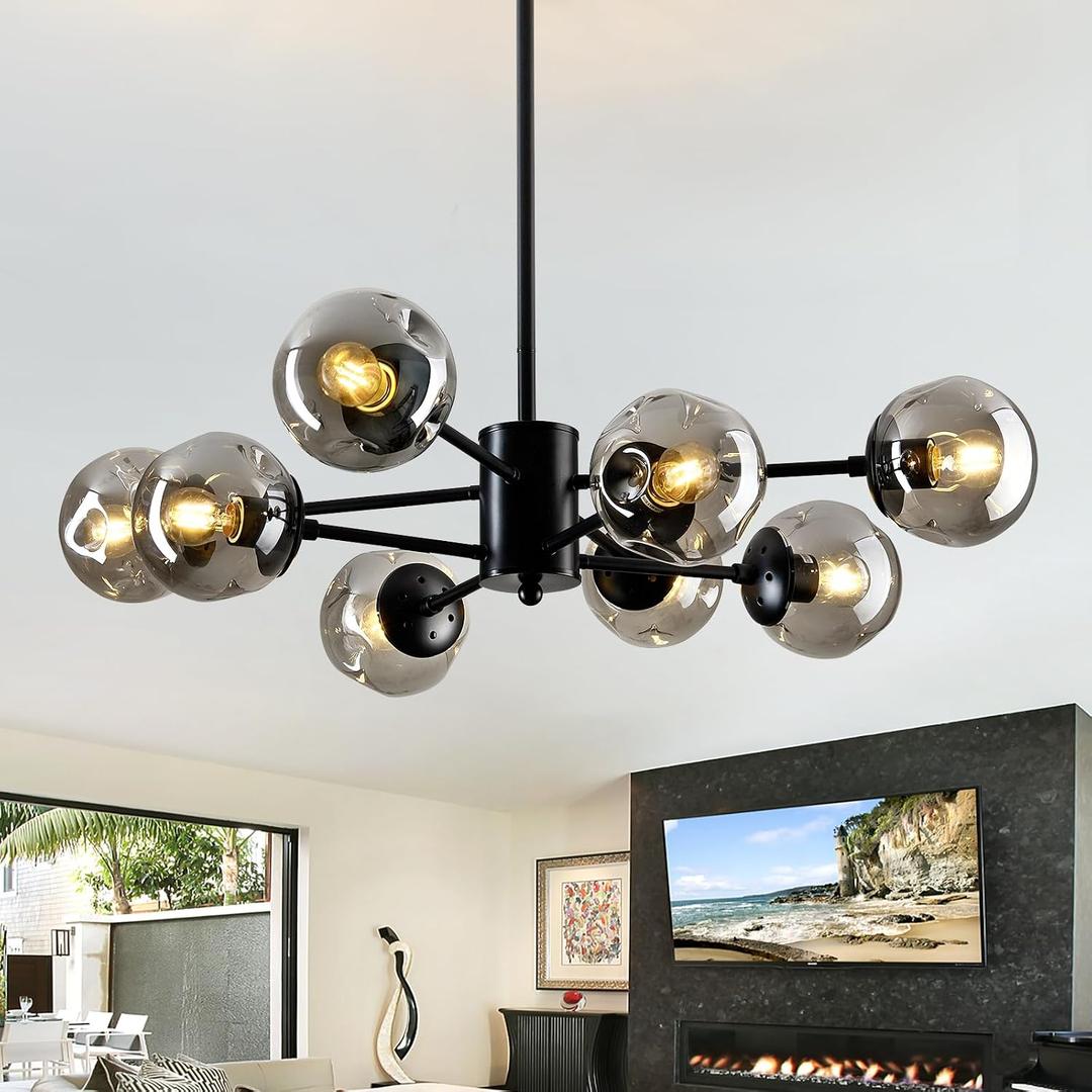 8-Light Sputnik Chandelier Black Mid Century Glass Globe Ceiling Light Fixture Modern Bubble Chandelier for Dining Room Living Room Kitchen Bedroom Farmhouse.