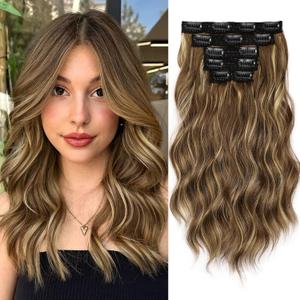 KooKaStyle Short Hair Extensions 6PCS 14 Inch Wavy Curly Hairpieces Synthetic Soft Lace Weft Clip in Hair Extensions-Light Brown with Caramel Blonde for Women