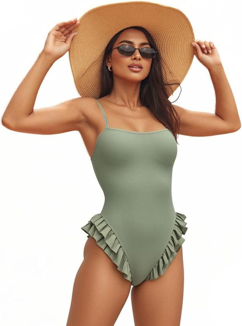 MXVPY Womens Cute One Piece Swimsuit Fashion Ruffled Monokini Swimwear-Solid High Cut Tummy Control Adjustable Straps, S