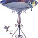 DREAMSOUL 20" Large Bird Bath with Stand, 4" Deep Bird Baths for Outdoors with Peacock Feather Pattern Metal Purple Birdbath for Lawn Patio Decor