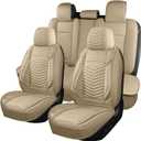 HChengkikz Nappa Leather Car Seat Covers Full Set, Beige Car seat Protector 5 Seats, Waterproof Car Seat Cushion, Universal Automotive Seat Covers Fit for SUV Truck Pick-up Sedan, Front and Rear