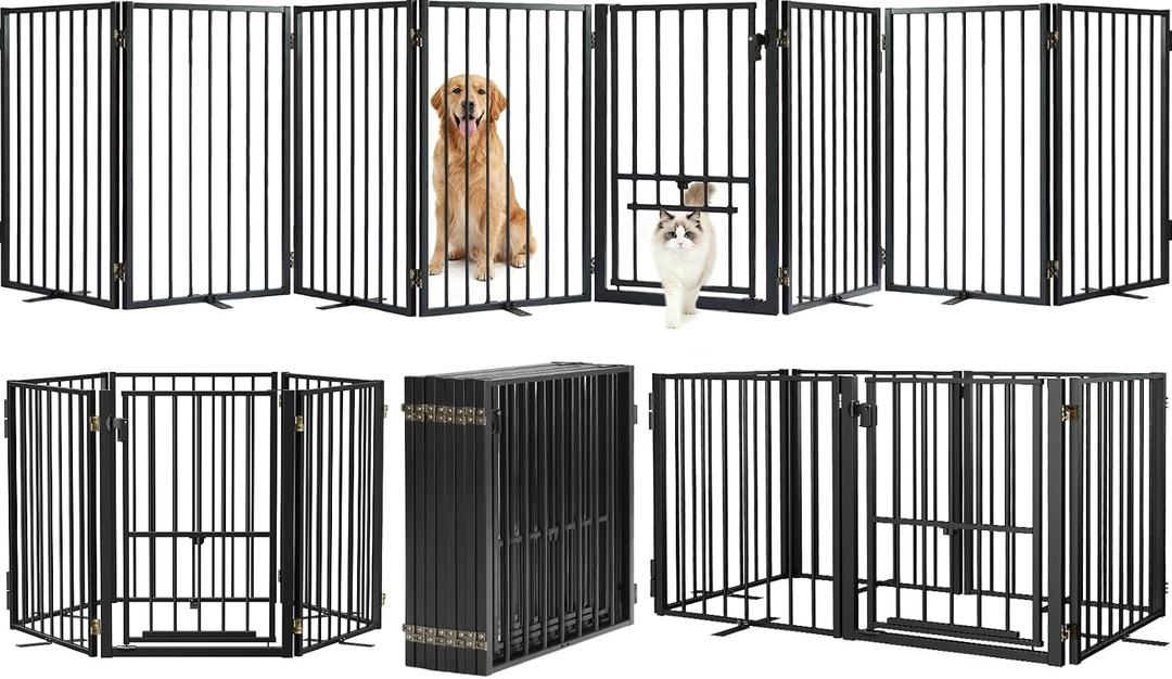 Metal Freestanding Dog Gate with Cat Door for Outdoor & Indoor,160" Extra Wide Foldable Pet Fence,30" Tall Dog Gate for RV Camping,Stairs,Hallways,Doorways,Deck,Yard,with 7PCS Support(8 Panels,Black)