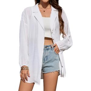 Bsubseach Swimsuit Coverup for Women Button Down Bathing Suit Beach Shirt | Suit Lapel & Lantern Sleeves, Loose Draped Hem, Quick-Dry Shrink-Resistant Fabric, Casual Gathering & Office Outings (White, XXL)