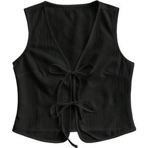 Women's Summer Bow Tie Front Vest Top Deep V Neck Sleeveless Tank Going Out Tops (Black, M)