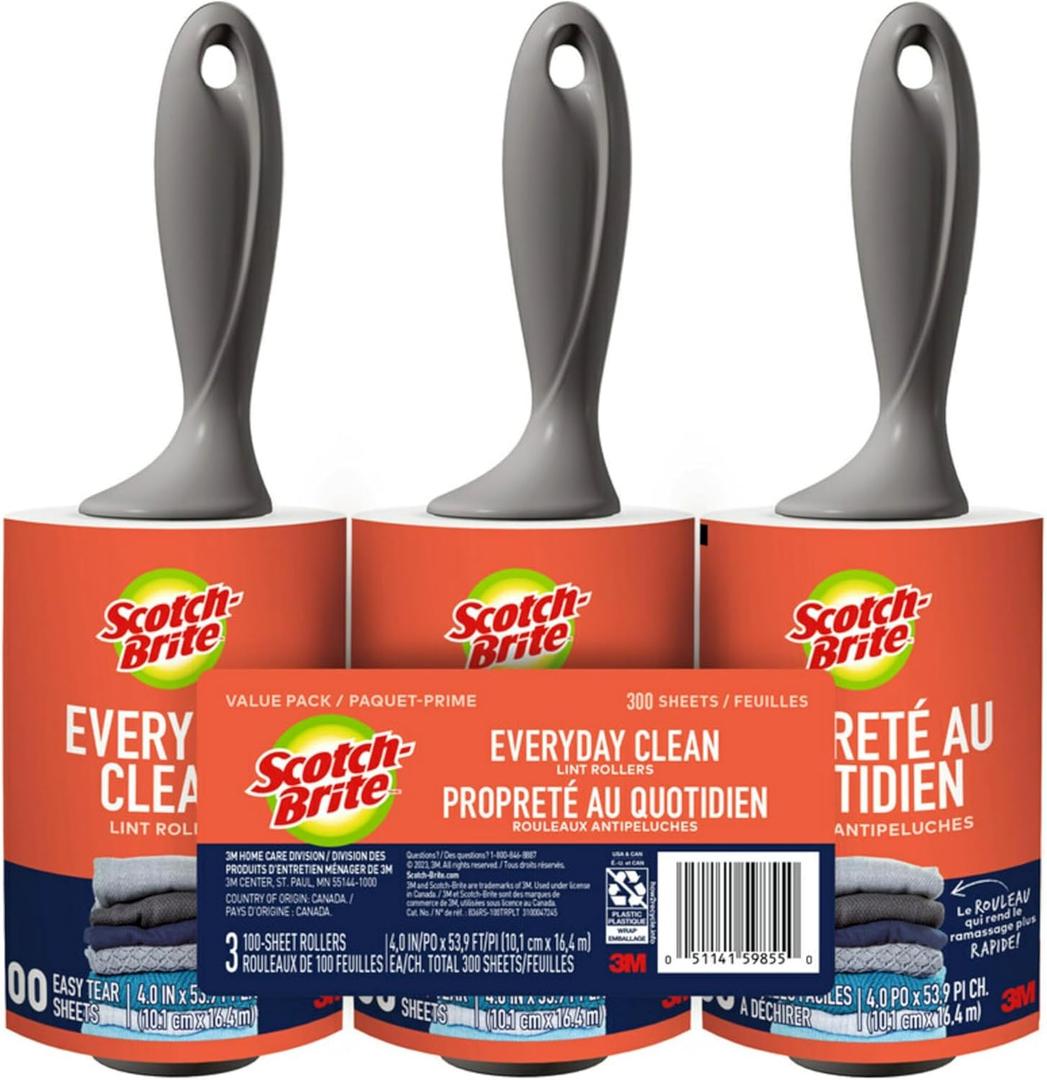 Scotch-Brite Everyday Clean Lint Roller, 3 Pack, Lint Remover for Pet Hair, Dark Clothes, Furniture, and Dusty Surfaces, Picks Up Fur & Fluff in Your Home, Car & Office, 300 Adhesive Sheets Total