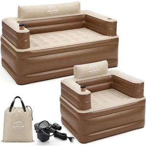 Inflatable Couch Set with Cup Holders & Pump, Velvety Air Sofa (1 Loveseat 60"x32"x34" & 1 Chair 41"x32"x34") for Camping & Home