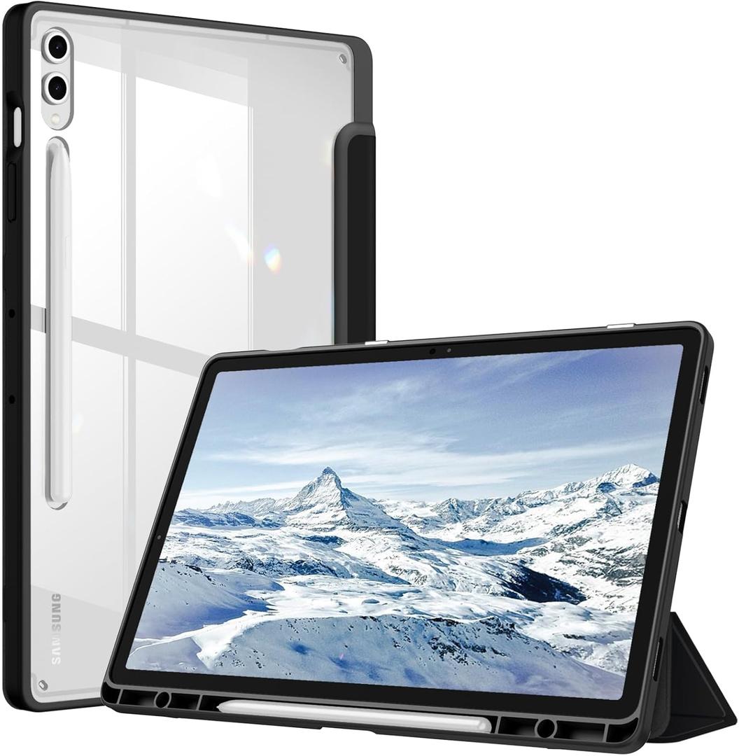 Fintie Hybrid Slim Case for Samsung Galaxy Tab S10 Plus 2024 / S9 FE Plus 5G 12.4 Inch 2023 with S Pen Holder, Shockproof Cover with Clear Transparent Back Shell, Auto Wake/Sleep, Black