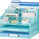 Lavatino Desk Paper File Organizer - Metal Mesh with 2 Letter Trays, 7 Flexible Dividers, 2 Vertical File Folder Holders for Office/Home/Classroom Supplies, Desk Organizers and Accessories, Blue
