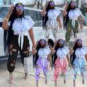 KEYUFANG Women 2 Piece Outfits Set Casual Crop Top Shirt Hollowed Out Sweatpants Women Fashion Tracksuit (White, XXL)