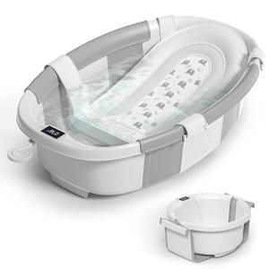 Himold Collapsible Baby Bathtub for Newborn to Toddler 0-36 Months, Spacious Foldable Infant Bath Tub with Thermometer, Cushion & Drain Hole, Portable Travel Tub Baby Grey (26.5"L x 17.2"W x 7.1"H)