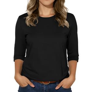 3/4 Sleeve Tops for Women Basic Crew Neck Spring Blouses Casual Fit Fall T Shirts 2026 (Black, L)