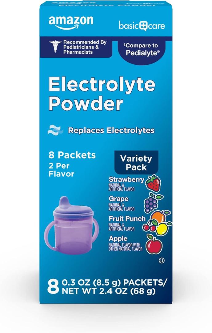 Amazon Basic Care Electrolyte Powder Variety Pack, Apple, Fruit Punch, Grape, Strawberry, 8 Count (EXP 02/12/28)