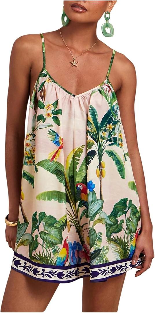 Women's Summer Tropical Rompers Sleeveless V Neck Wide Leg Vacation Short Jumpsuits (Green), L