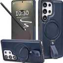 Butaiga for Samsung Galaxy S25 Ultra Case Leather with Stand, Anti-Slip Grip Ring, Fits for MagSafe (Navy, S25 Ultra)