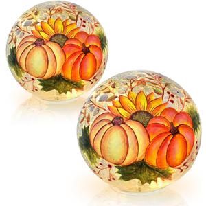 LEWIS&WAYNE Set of 2 Lighted Pumpkin Crackle Glass Balls 6 4.7 LED Night Light Globe Lamps with Warm White LED Battery Powered for Home Party Wedding Women's Gift