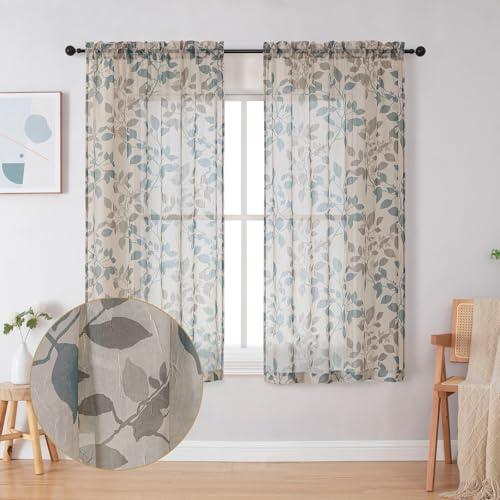 OWENIE Floral Sheer Curtains with Pattern 63 Inches Long 2 Panels Set for Living Room Bedroom, Sheer Floral Curtains with Printing Leaf Design Rod Pocket Light Filtering Farmhouse Curtains 42W 63L