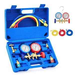 Orion Motor Tech 3 Way AC Diagnostic Manifold Gauge Set for Freon Charging, Fits R134A R12 R22 and R502 Refrigerants, with 3FT Hose, Tank Adapters, Quick Couplers and Can Tap