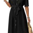 Bsubseach Swimsuit Coverup for Women Button Down Bathing Suit Cover Up with Tie Belt Long Maxi Beach Shirt Dress (Medium, Black)