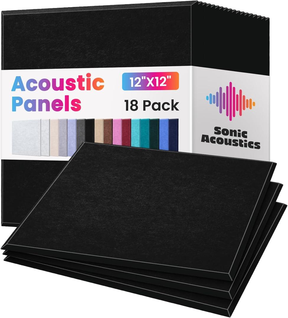 18 Pack Acoustic Panels Self Adhesive Sound absorbing Wall Panels, High Density Dampening Panel, 12X12X0.4 Inch Square Wall Panels in Home,Office,Reccording Room,Studio (Black)