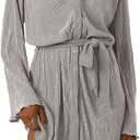 LYANER Women's Collar V Neck Button Down Pleated Long Sleeve Mini Shirt Dress with Belt