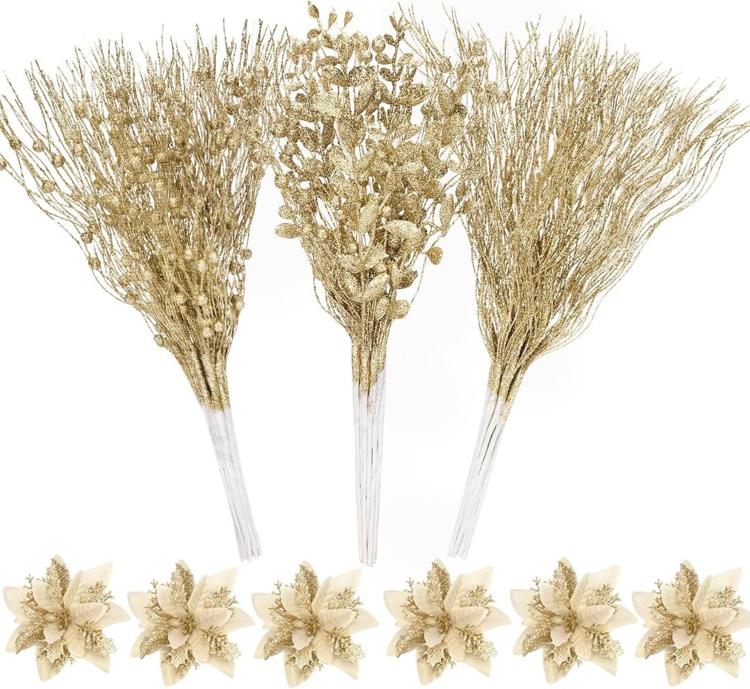 Bassion 30 Pcs Christmas Tree Picks and Sprays Decorations, Gold Glitter Floral Twig Berry Stems Branches Artificial Poinsettias for Home Christmas Tree Ornaments Wedding Holiday Xmas Party DIY Decor