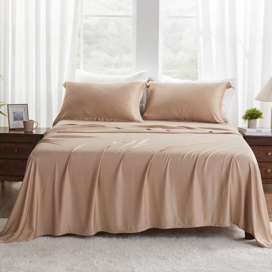 GOKOTTA King Size Sheets Set - FSC & Oeko-TEX Certified - 100% Rayon Derived from Bamboo - 430 High Thread Count Ultra Soft Breathabel and Cooling,16'' Deep Pocket with Elastic Corner Straps - Sand