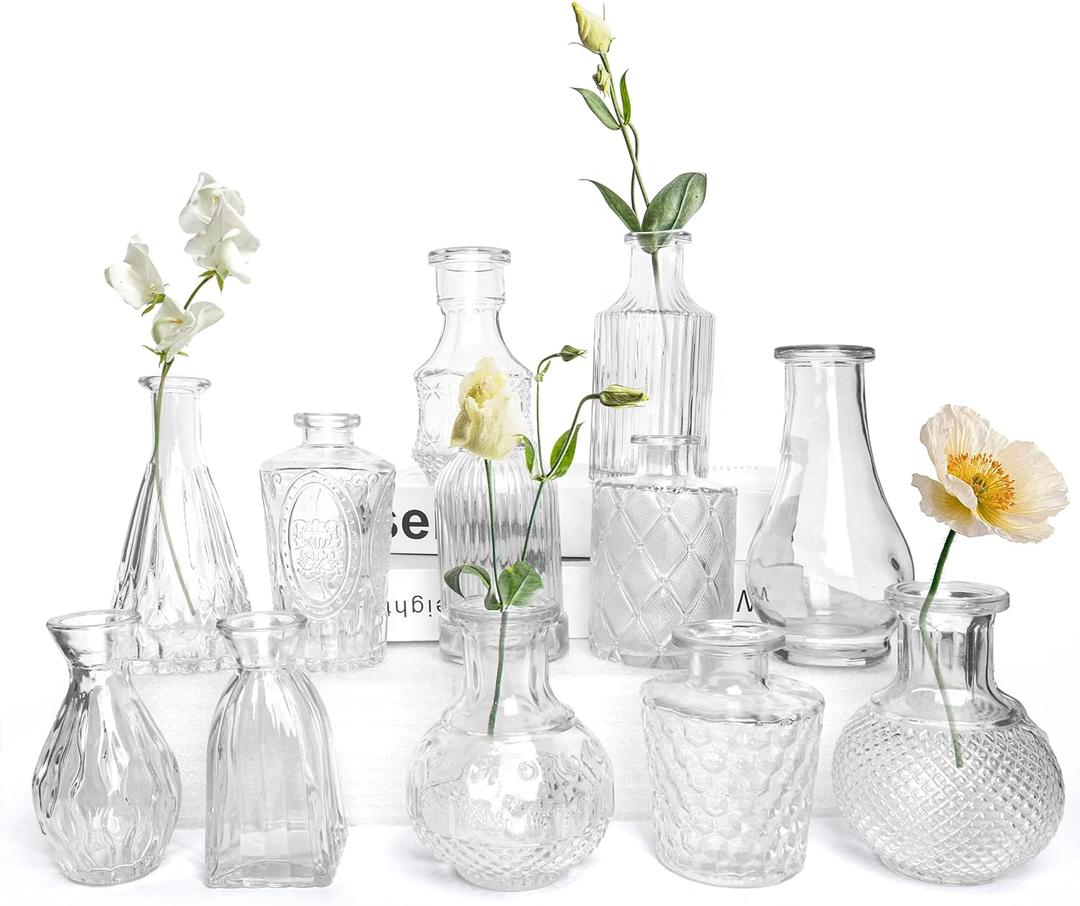 Petal Petite Glass Vase Set of 12 Clear Glass Bud Vases, Mini Vintage Flower Vases for Wedding Centerpieces & Table Dcor, Champagne Vases in Bulk for Single Stem, Home and Office Decor