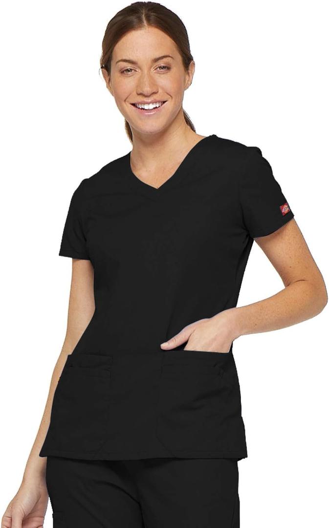 Dickies Scrubs Top for Women, V-Neck Womens Scrub Tops, Contemporary Fit with 4 Pockets - 85906 (X-Large, Black)